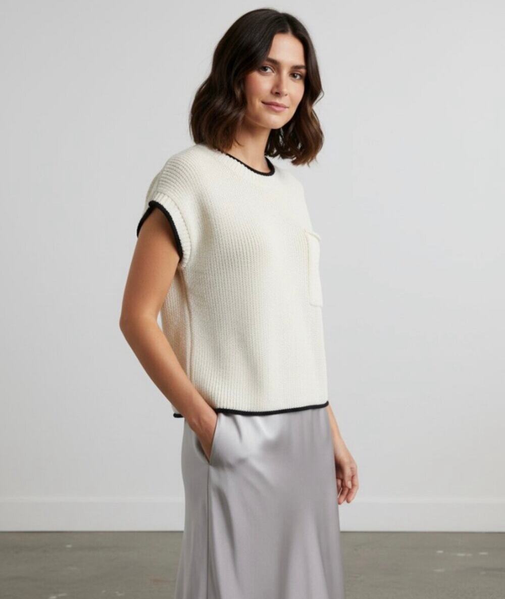 The Workshop Contrast Short Sleeve Cream Black Knit Pocket Sweater Tank-Size M